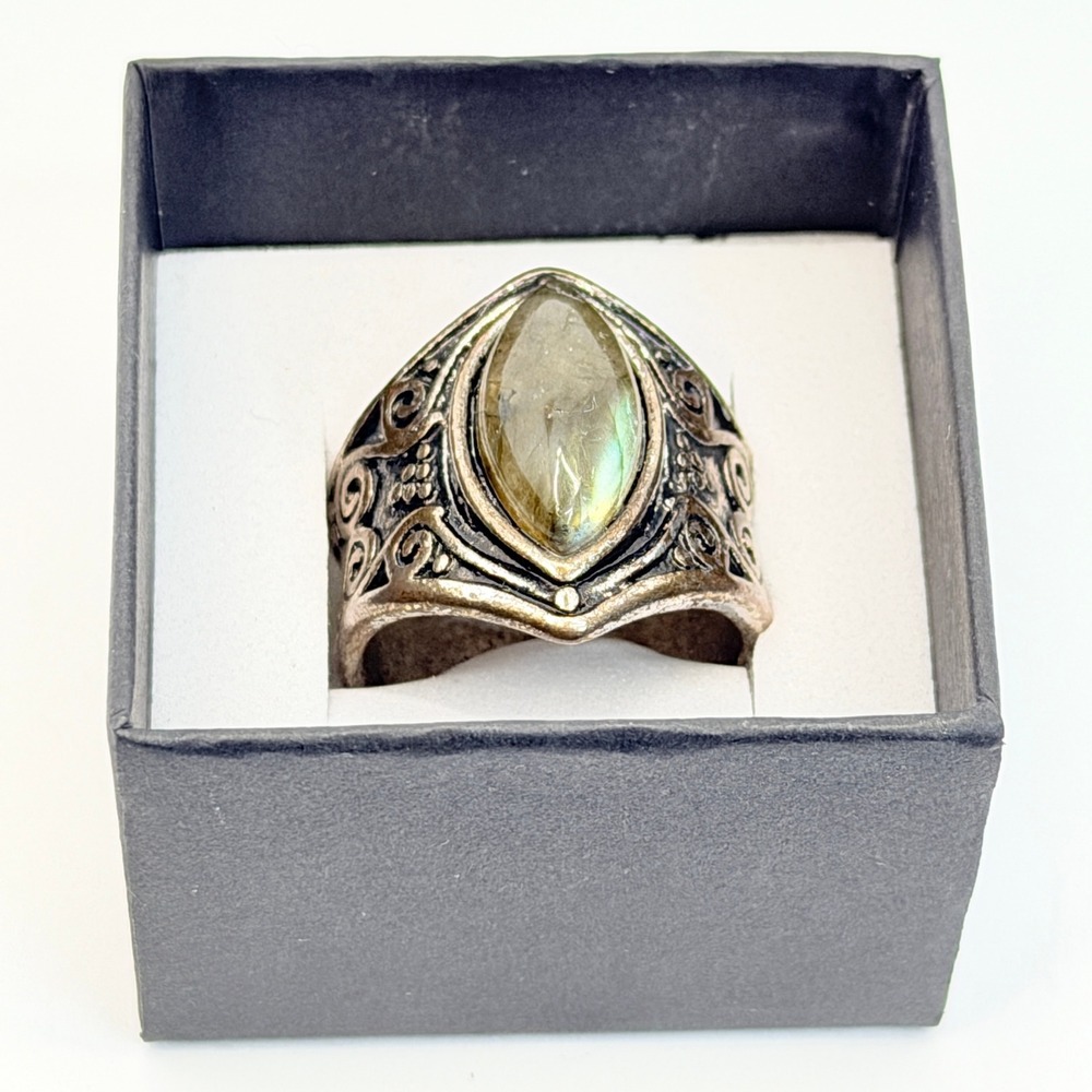 Boho Silver Shield Labradorite Marquise Statement Ring Scrollwork Copper Size 7